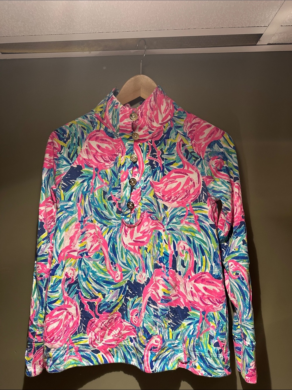 Lilly Pulitzer Women’s Pink Multicolor Flamingo Button-Up Pullover sz XS